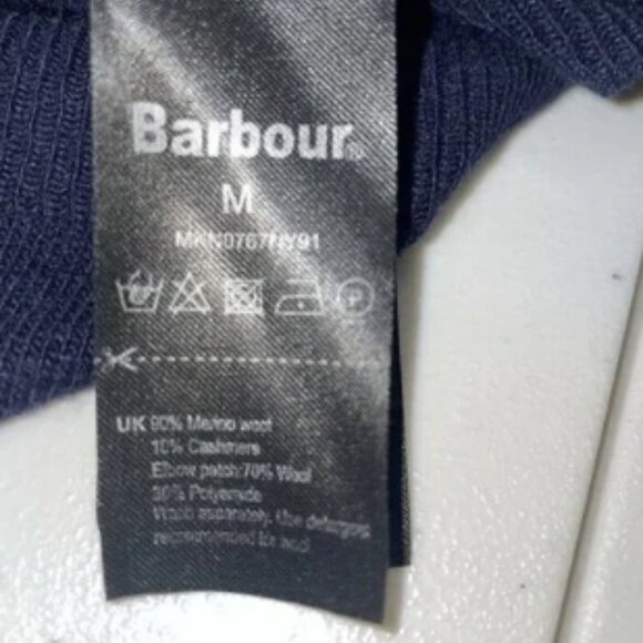 Barbour Men's Navy Blue v neck Cashmere wool Elbow Patch Tartan size Med - Picture 7 of 7